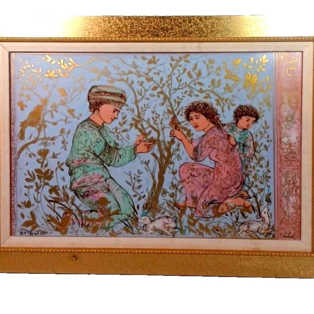 Edna Hibel Tree Of Life 21"x15" Hand-Enhanced Gold Tile Art Signed Ltd Ed 41/50